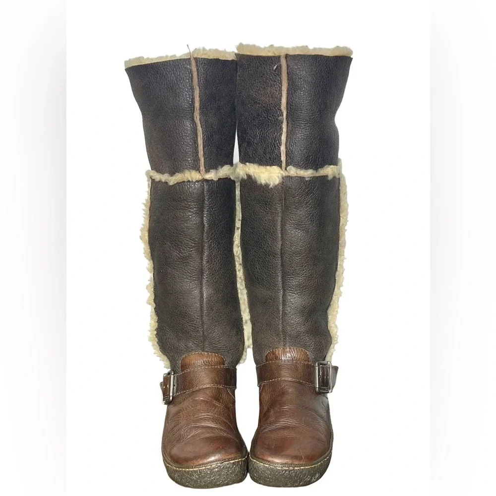 Vintage Born Western Leather Shearling Knee High Boots in Brown & Cream, Size 7
